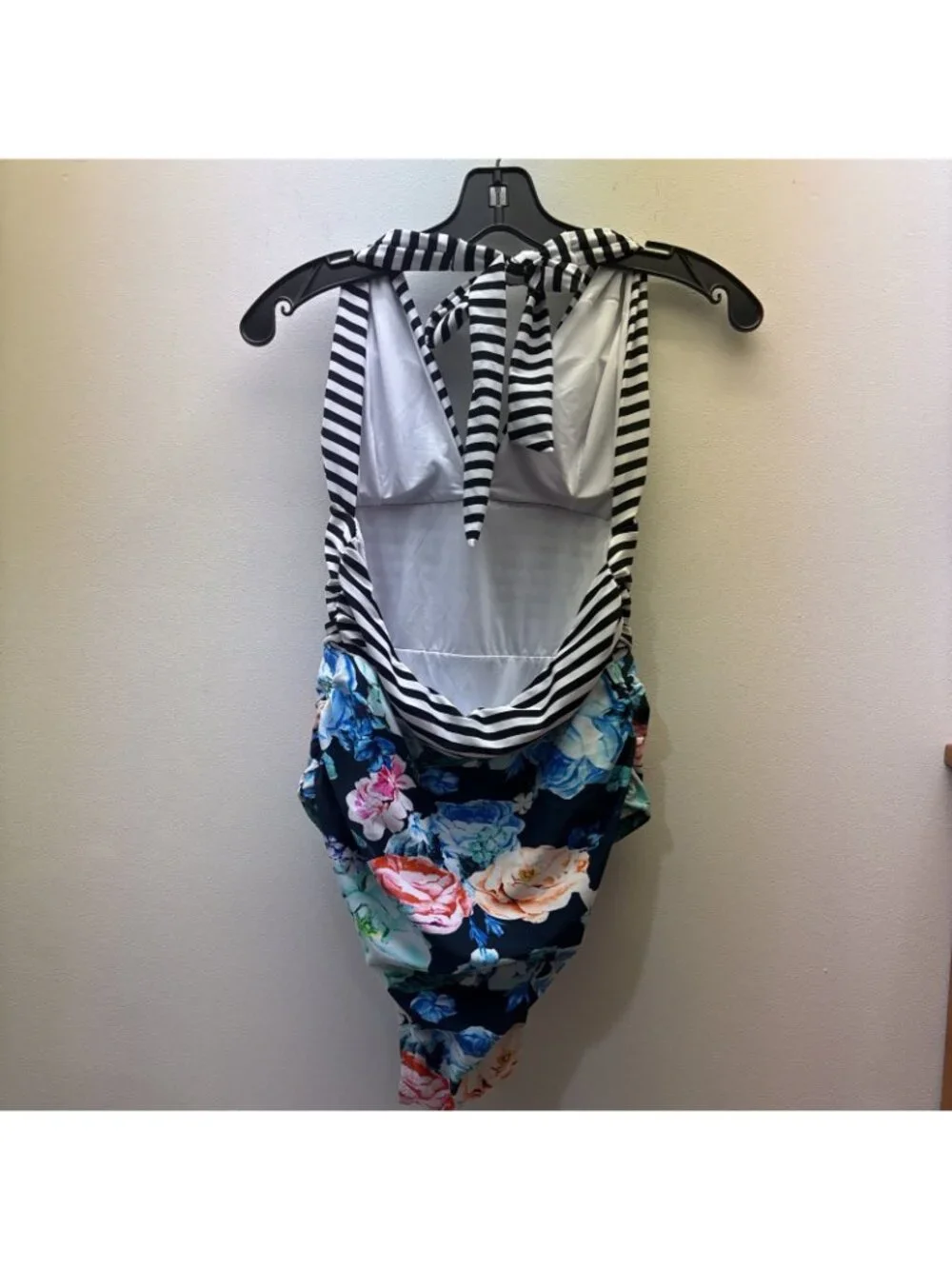 CUPSHE One Piece Halter Top Floral/Stripes Swim Suit NWT